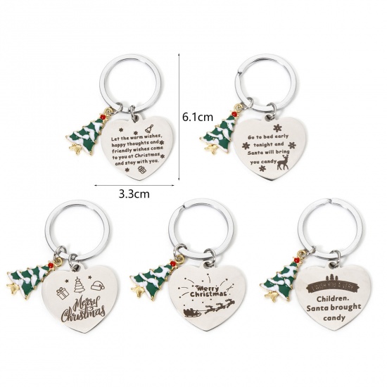 Immagine di 1 Pz 304 Acciaio Inossidabile Natale Anello Portachiavi Tono Argento Cuore Albero di Natale 6.1cm x 3.3cm