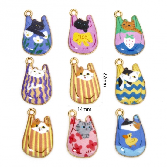 Picture of Zinc Based Alloy Charms Gold Plated Multicolor Bag Cat Enamel 22mm x 11mm