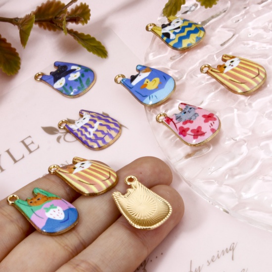 Picture of Zinc Based Alloy Charms Gold Plated Multicolor Bag Cat Enamel 22mm x 11mm