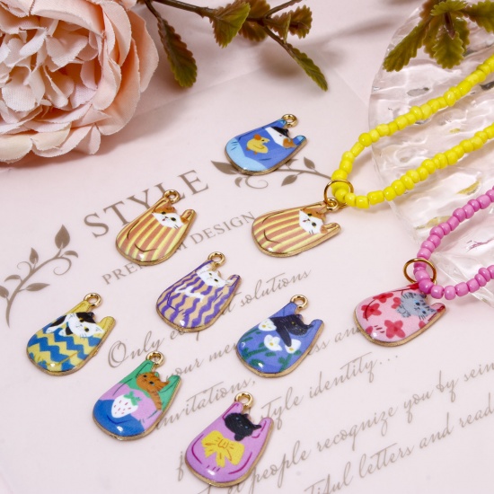 Picture of Zinc Based Alloy Charms Gold Plated Multicolor Bag Cat Enamel 22mm x 11mm