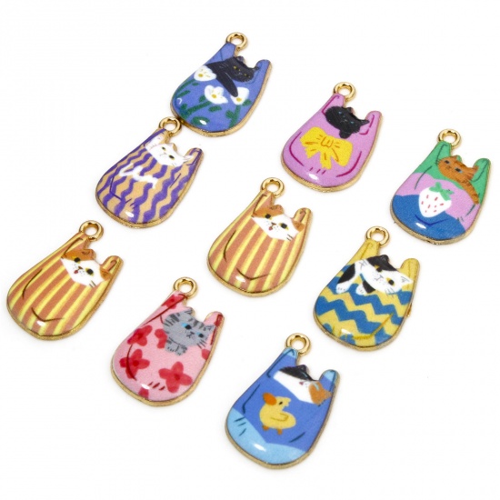 Picture of Zinc Based Alloy Charms Gold Plated Multicolor Bag Cat Enamel 22mm x 11mm