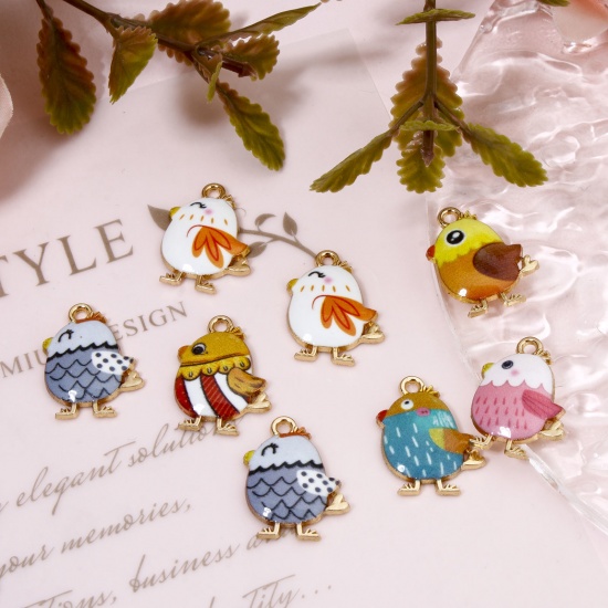 Picture of Zinc Based Alloy Easter Day Charms Gold Plated Multicolor Chicken Enamel 20mm x 16mm