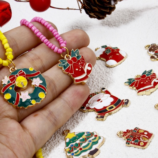 Picture of Zinc Based Alloy Christmas Charms Gold Plated Multicolor Christmas Tree Bell Enamel