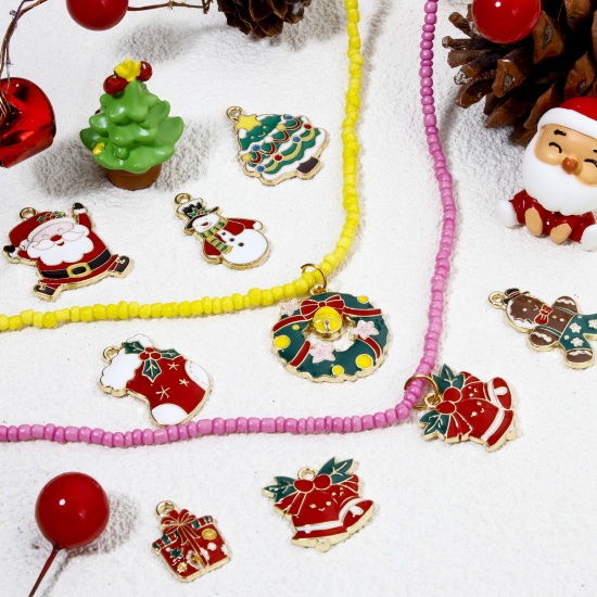 Picture of Zinc Based Alloy Christmas Charms Gold Plated Multicolor Christmas Tree Bell Enamel