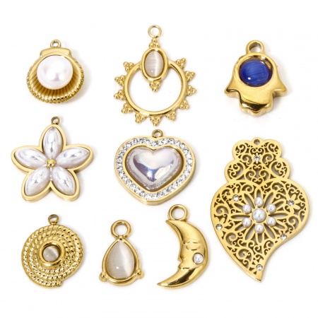 Vacuum Plating 304 Stainless Steel Style Of Royal Court Character Charms Gold Plated Heart Filigree Shell Imitation Pearl