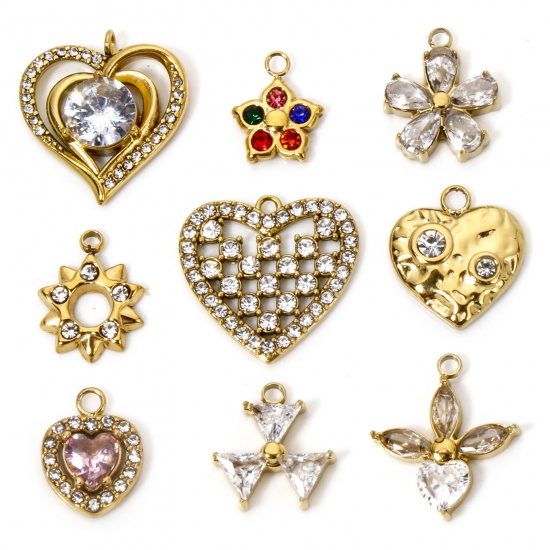 Immagine di 1 Pz Placcatura Sottovuoto 304 Acciaio Inossidabile San Valentino Ciondoli Cuore Oro Placcato Con Strass Trasparente Strass
