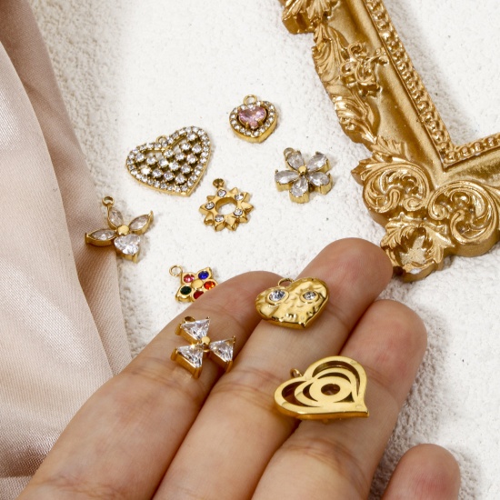 Immagine di 1 Pz Placcatura Sottovuoto 304 Acciaio Inossidabile San Valentino Ciondoli Cuore Oro Placcato Con Strass Trasparente Strass