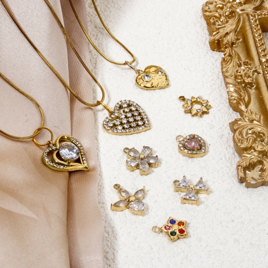 Immagine di 1 Pz Placcatura Sottovuoto 304 Acciaio Inossidabile San Valentino Ciondoli Cuore Oro Placcato Con Strass Trasparente Strass