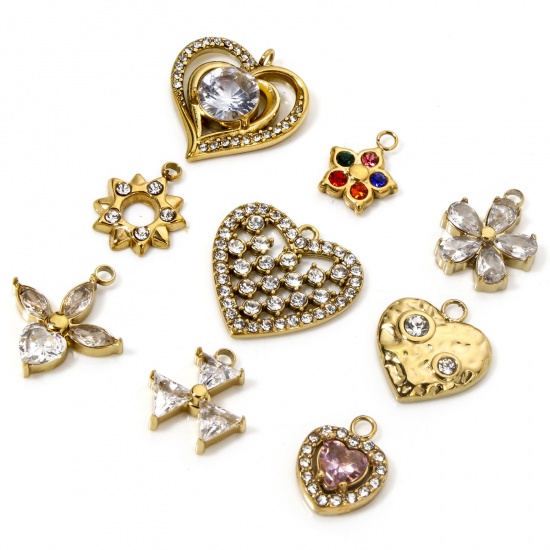 Immagine di 1 Pz Placcatura Sottovuoto 304 Acciaio Inossidabile San Valentino Ciondoli Cuore Oro Placcato Con Strass Trasparente Strass