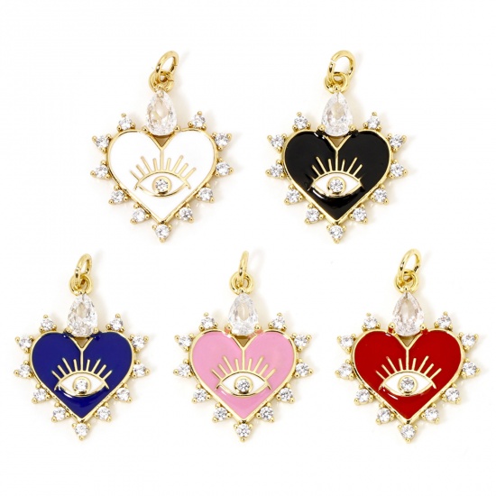 Image de 1 Pièce Breloques La Saint Valentin en Laiton Respectueux de la Nature Cœur Plaqué Or Véritable 18K Multicolore Yeux Émail à Zircone Cubique Clair à Strass Transparent 26mm x 18mm