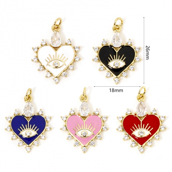 Image de 1 Pièce Breloques La Saint Valentin en Laiton Respectueux de la Nature Cœur Plaqué Or Véritable 18K Multicolore Yeux Émail à Zircone Cubique Clair à Strass Transparent 26mm x 18mm