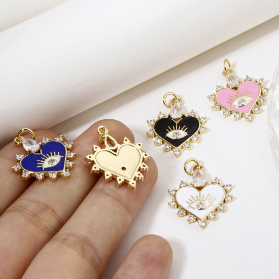 Image de 1 Pièce Breloques La Saint Valentin en Laiton Respectueux de la Nature Cœur Plaqué Or Véritable 18K Multicolore Yeux Émail à Zircone Cubique Clair à Strass Transparent 26mm x 18mm