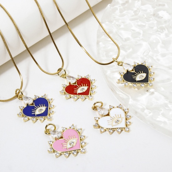 Image de 1 Pièce Breloques La Saint Valentin en Laiton Respectueux de la Nature Cœur Plaqué Or Véritable 18K Multicolore Yeux Émail à Zircone Cubique Clair à Strass Transparent 26mm x 18mm