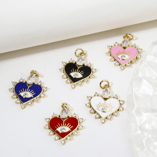 Image de 1 Pièce Breloques La Saint Valentin en Laiton Respectueux de la Nature Cœur Plaqué Or Véritable 18K Multicolore Yeux Émail à Zircone Cubique Clair à Strass Transparent 26mm x 18mm