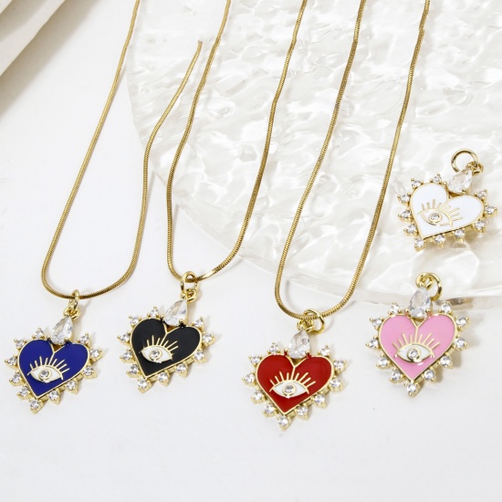Image de 1 Pièce Breloques La Saint Valentin en Laiton Respectueux de la Nature Cœur Plaqué Or Véritable 18K Multicolore Yeux Émail à Zircone Cubique Clair à Strass Transparent 26mm x 18mm