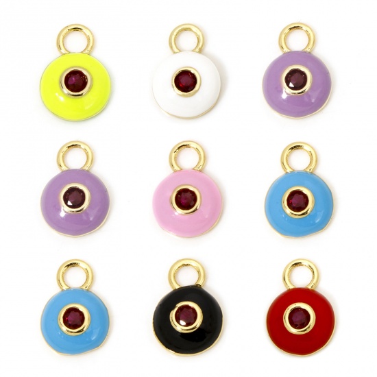 Picture of Eco-friendly Brass Charms 18K Real Gold Plated Multicolor Round Enamel Purple Cubic Zirconia 13mm x 9mm