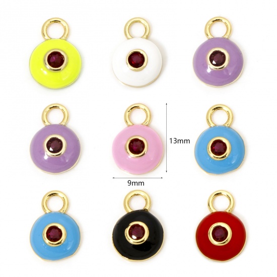 Picture of Eco-friendly Brass Charms 18K Real Gold Plated Multicolor Round Enamel Purple Cubic Zirconia 13mm x 9mm