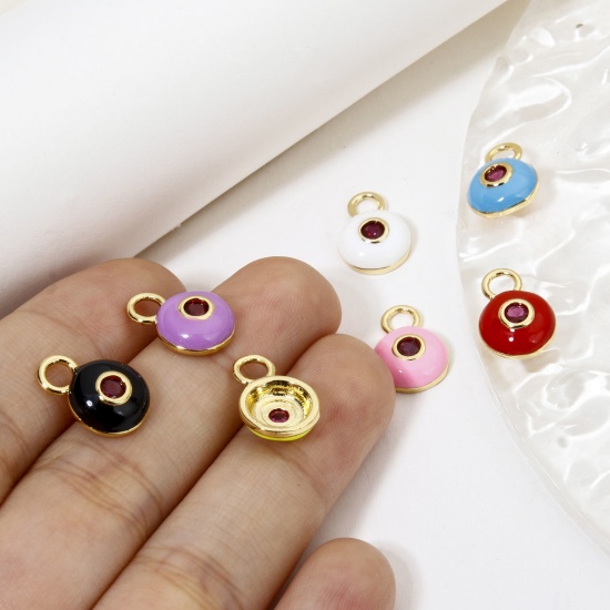 Picture of Eco-friendly Brass Charms 18K Real Gold Plated Multicolor Round Enamel Purple Cubic Zirconia 13mm x 9mm