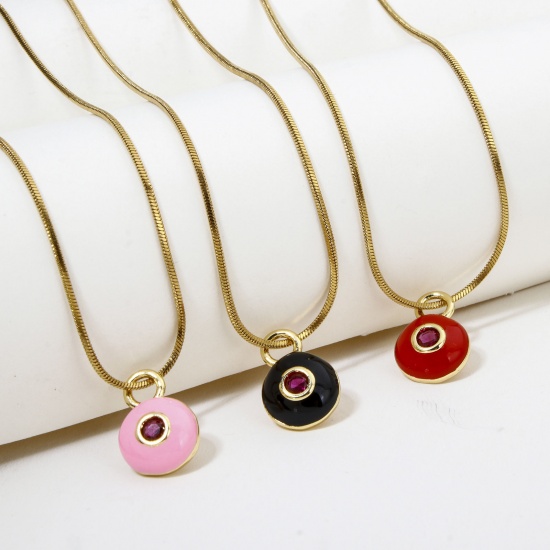Picture of Eco-friendly Brass Charms 18K Real Gold Plated Multicolor Round Enamel Purple Cubic Zirconia 13mm x 9mm