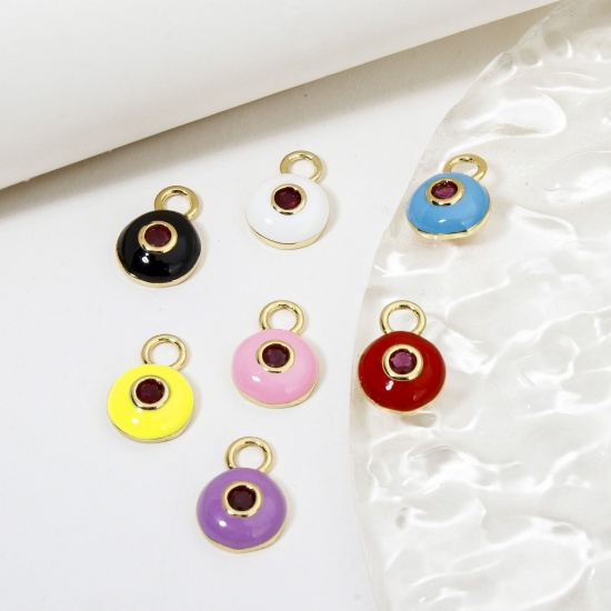 Picture of Eco-friendly Brass Charms 18K Real Gold Plated Multicolor Round Enamel Purple Cubic Zirconia 13mm x 9mm