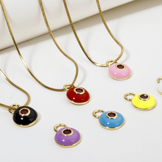 Picture of Eco-friendly Brass Charms 18K Real Gold Plated Multicolor Round Enamel Purple Cubic Zirconia 13mm x 9mm