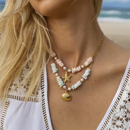 Hypoallergenic Natural Pastoral Beach 18K Real Gold Plated Multicolor 304 Stainless Steel & Shell Star Fish Shell Pendant Necklace For Women Party