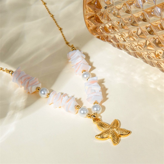 Picture of Hypoallergenic Natural Pastoral Beach 18K Real Gold Plated Multicolor 304 Stainless Steel & Shell Star Fish Shell Pendant Necklace For Women Party