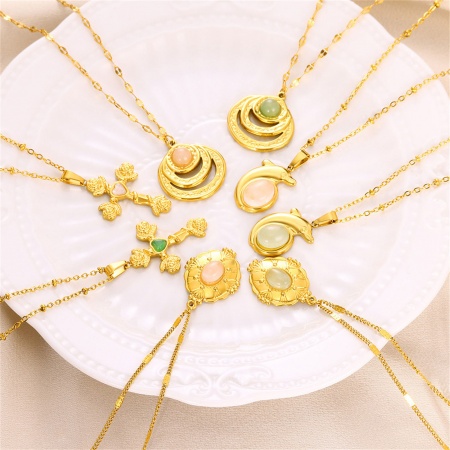 Vacuum Plating Simple & Casual Religious 18K Gold Plated 304 Stainless Steel & Stone Ball Chain Cross Rose Flower Pendant Necklace For Women Party