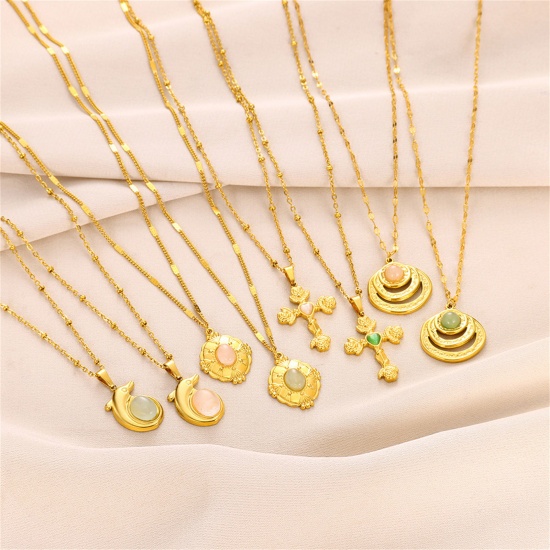 Picture of Vacuum Plating Simple & Casual Religious 18K Gold Plated 304 Stainless Steel & Stone Ball Chain Cross Rose Flower Pendant Necklace For Women Party