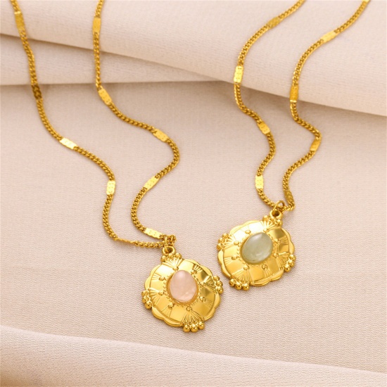 Picture of Vacuum Plating Simple & Casual Religious 18K Gold Plated 304 Stainless Steel & Stone Ball Chain Cross Rose Flower Pendant Necklace For Women Party