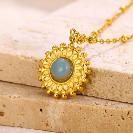 Picture of Vacuum Plating Simple & Casual Religious 18K Gold Plated 304 Stainless Steel & Stone Ball Chain Cross Rose Flower Pendant Necklace For Women Party