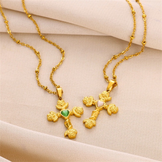 Picture of Vacuum Plating Simple & Casual Religious 18K Gold Plated 304 Stainless Steel & Stone Ball Chain Cross Rose Flower Pendant Necklace For Women Party