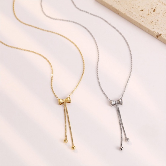 Picture of Hypoallergenic Sweet & Cute Ins Style Real Gold Plated 304 Stainless Steel Link Cable Chain Bowknot Tassel Pendant Necklace For Women Party