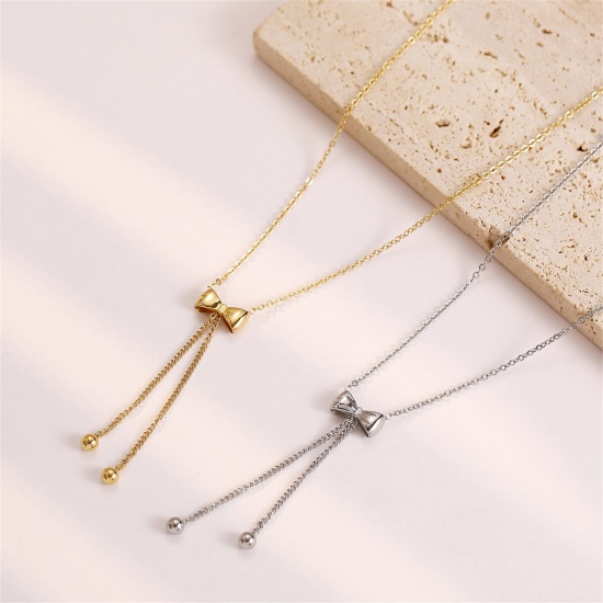 Picture of Hypoallergenic Sweet & Cute Ins Style Real Gold Plated 304 Stainless Steel Link Cable Chain Bowknot Tassel Pendant Necklace For Women Party