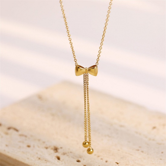 Picture of Hypoallergenic Sweet & Cute Ins Style Real Gold Plated 304 Stainless Steel Link Cable Chain Bowknot Tassel Pendant Necklace For Women Party