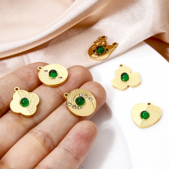 Immagine di 1 Pz Placcatura Sottovuoto 304 Acciaio Inossidabile Ciondoli Geometrica Placcato Oro 18K Verde Con Cabochon di Vetro