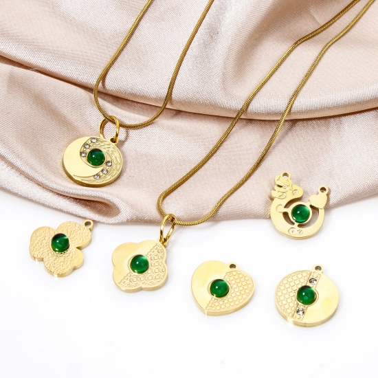 Immagine di 1 Pz Placcatura Sottovuoto 304 Acciaio Inossidabile Ciondoli Geometrica Placcato Oro 18K Verde Con Cabochon di Vetro