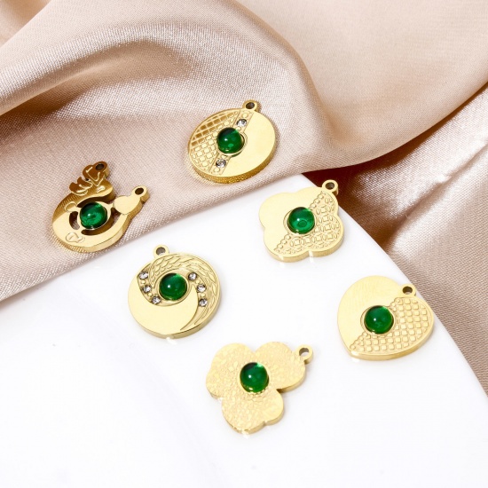 Immagine di 1 Pz Placcatura Sottovuoto 304 Acciaio Inossidabile Ciondoli Geometrica Placcato Oro 18K Verde Con Cabochon di Vetro