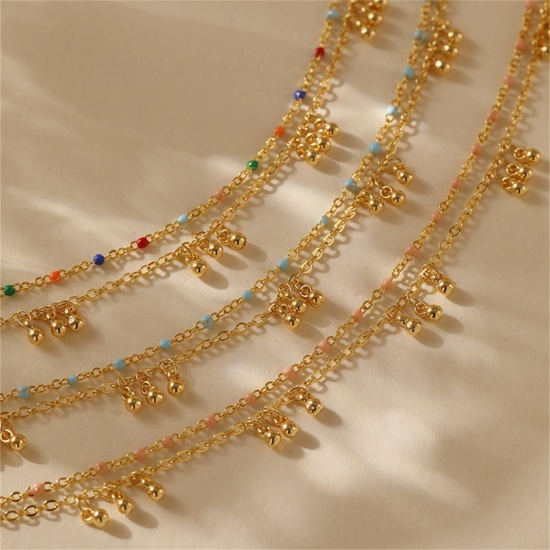 Immagine di 1 Pz Ecologico Boemia Spiaggia 18K Vero Oro Placcato Ottone Catena a Pallini Nappine Cavigliera Multistrato A Strati Per Donne