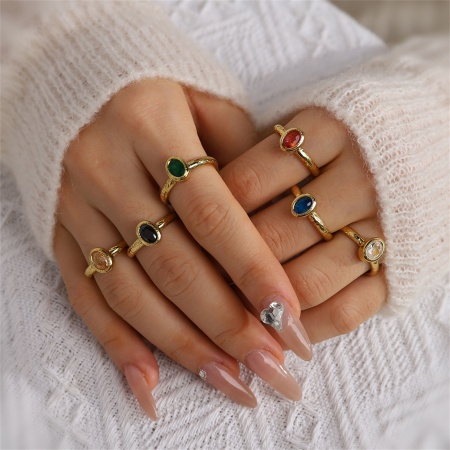 Eco-friendly Vacuum Plating Dainty Birthstone 18K Real Gold Plated Multicolor 304 Stainless Steel & Cubic Zirconia Open Oval Rings For Women Birthday