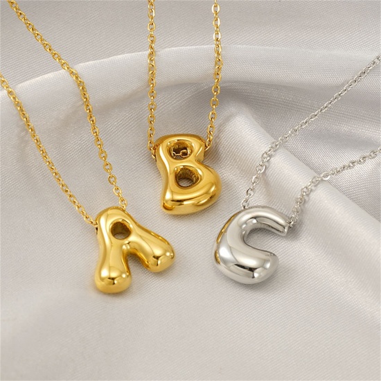 Picture of Wholesale Capital Alphabet Initial Letter Message " A-Z " Hollow Pendant Charm Necklace, Multicolor 304 Stainless Steel Link Cable Chain, Women's Eco-friendly Cute Hip Hop Gift Jewelry For Retailer, 45cm(17.7") long, 1 Piece