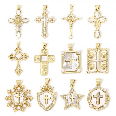 1 Pièce Pendentifs Religieux en Coquille Naturelle & Laiton Plaqué Or 18K Croix Micro Pave à Zircone Cubique Clair