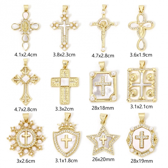 Imagen de 1 Unidad Concha & Latón Religión Colgantes Chapado en Oro de 18K Cruz Micro Pave Claro Circón Artificial