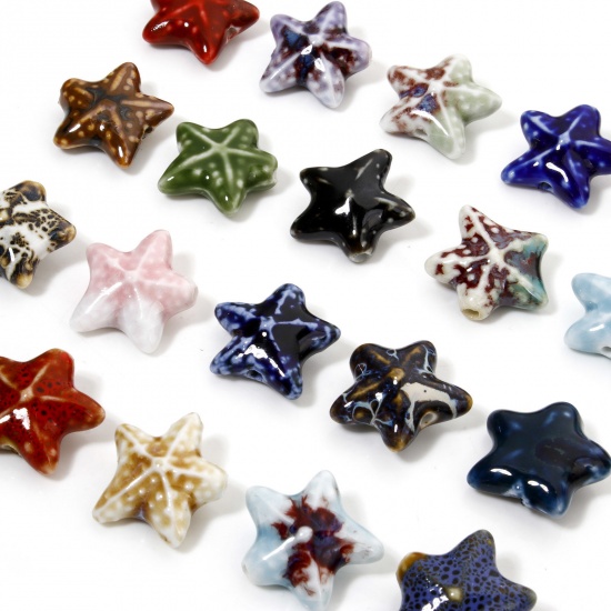 Immagine di 10 Pz Ceramica Gioielli Oceanici Diatanziale Perline per la Creazione di Gioielli con Fai-da-te Stella di Mare Multicolore Circa 3D Circa 22mm x 19mm, Foro: Circa 2mm