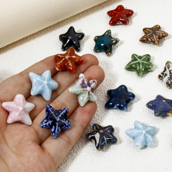 Immagine di 10 Pz Ceramica Gioielli Oceanici Diatanziale Perline per la Creazione di Gioielli con Fai-da-te Stella di Mare Multicolore Circa 3D Circa 22mm x 19mm, Foro: Circa 2mm