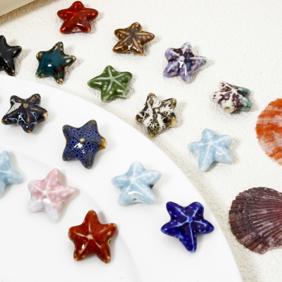 Immagine di 10 Pz Ceramica Gioielli Oceanici Diatanziale Perline per la Creazione di Gioielli con Fai-da-te Stella di Mare Multicolore Circa 3D Circa 22mm x 19mm, Foro: Circa 2mm