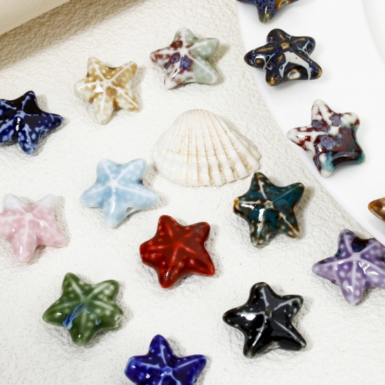 Immagine di 10 Pz Ceramica Gioielli Oceanici Diatanziale Perline per la Creazione di Gioielli con Fai-da-te Stella di Mare Multicolore Circa 3D Circa 22mm x 19mm, Foro: Circa 2mm