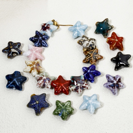 Immagine di 10 Pz Ceramica Gioielli Oceanici Diatanziale Perline per la Creazione di Gioielli con Fai-da-te Stella di Mare Multicolore Circa 3D Circa 22mm x 19mm, Foro: Circa 2mm