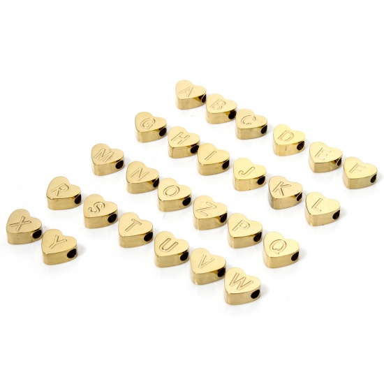 Picture of Vacuum Plating 304 Stainless Steel Beads For DIY Jewelry Making Heart 18K Gold Plated Capital Alphabet Initial Letter Message " A-Z " 8mm x 7mm, Hole: Approx 2mm