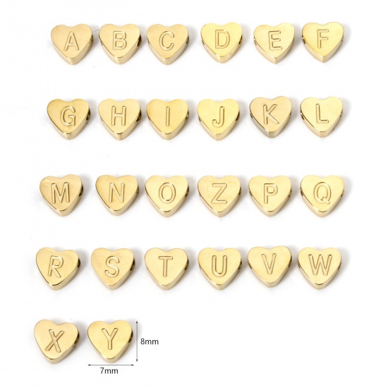 Picture of Vacuum Plating 304 Stainless Steel Beads For DIY Jewelry Making Heart 18K Gold Plated Capital Alphabet Initial Letter Message " A-Z " 8mm x 7mm, Hole: Approx 2mm